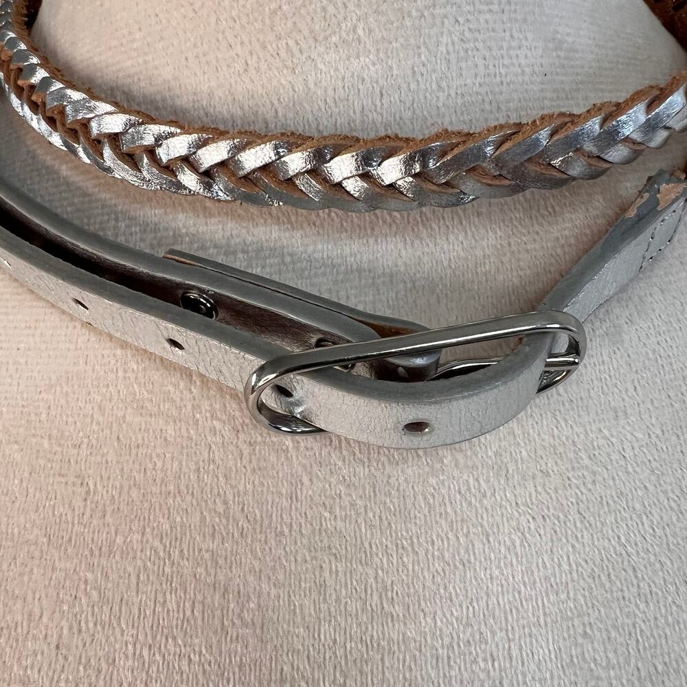 J.Crew Silver Braided Leather Skinny Belt | Metallic Boho Y2K Waist Belt